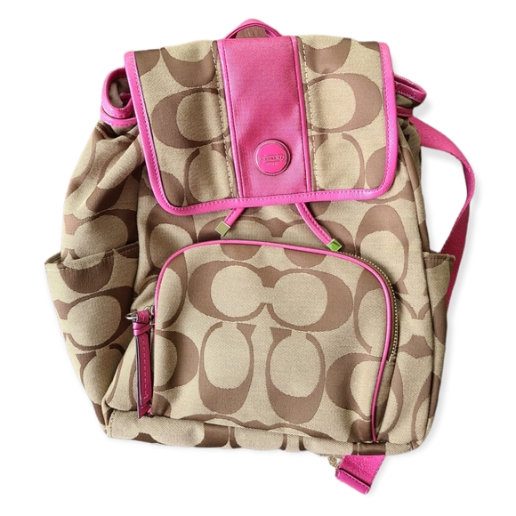 Coach Handbags - NWOT Coach Signature Stripe Backpack in Khaki/Pink Jacquard F21928